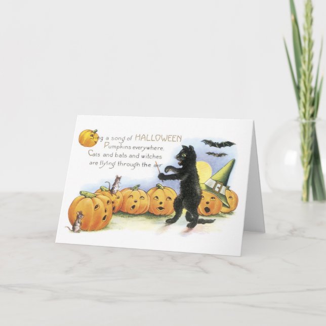 Old-fashioned Halloween, Black cat & Pumpkins Card (Front)