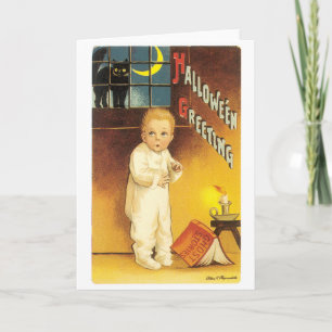 Old-fashioned Halloween, Boy & Black cat Card