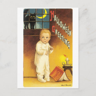 Old-fashioned Halloween, Boy & Black cat Postcard