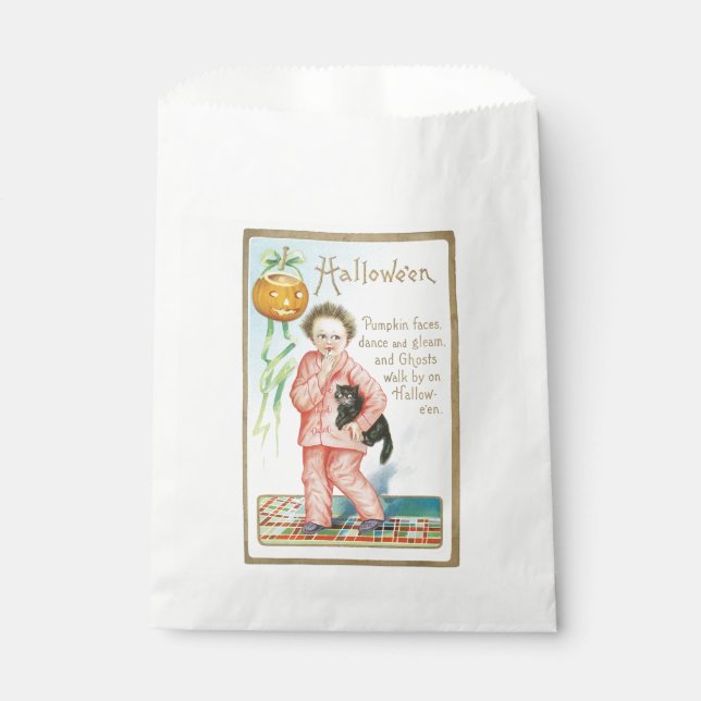 Old-fashioned Halloween, Boy holding Black cat Favour Bags (Front)