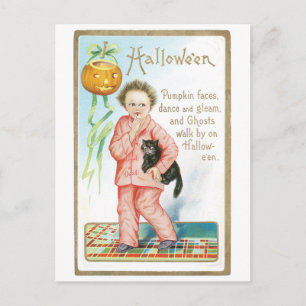 Old-fashioned Halloween, Boy holding Black cat Postcard
