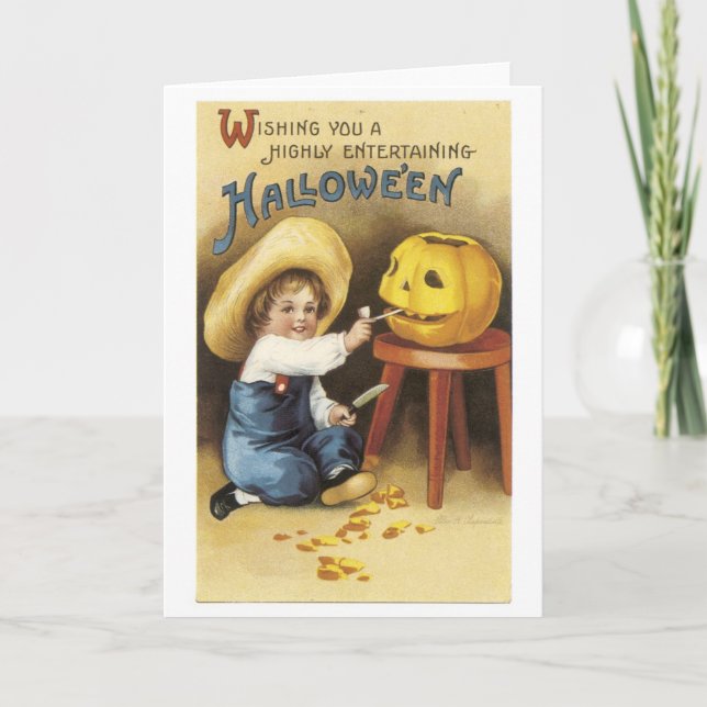 Old-fashioned Halloween, Boy makes Jack-o'-lantern Card (Front)