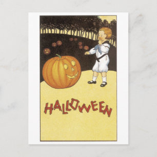 Old-fashioned Halloween, Boy meets Jack-o'-lantern Postcard