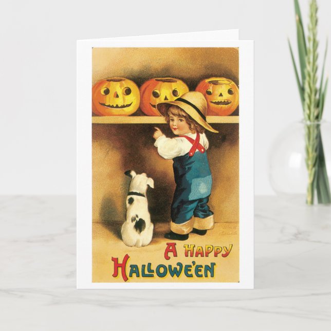 Old-fashioned Halloween, Boy with Puppy Card (Front)