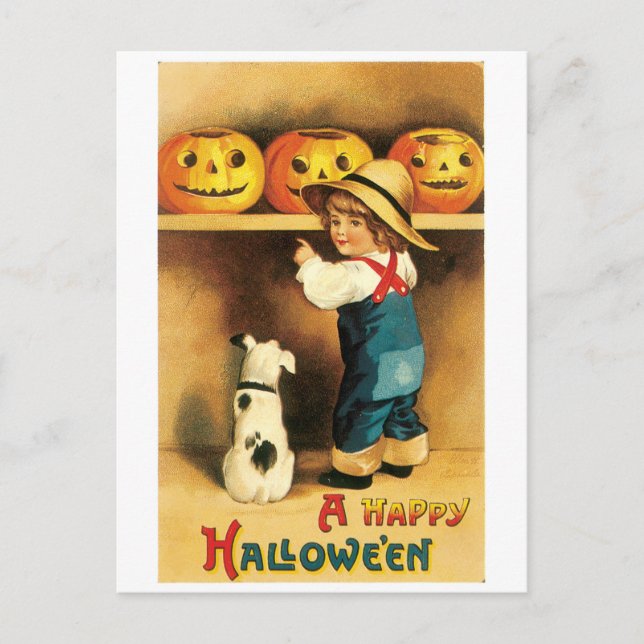 Old-fashioned Halloween, Boy with Puppy Postcard (Front)