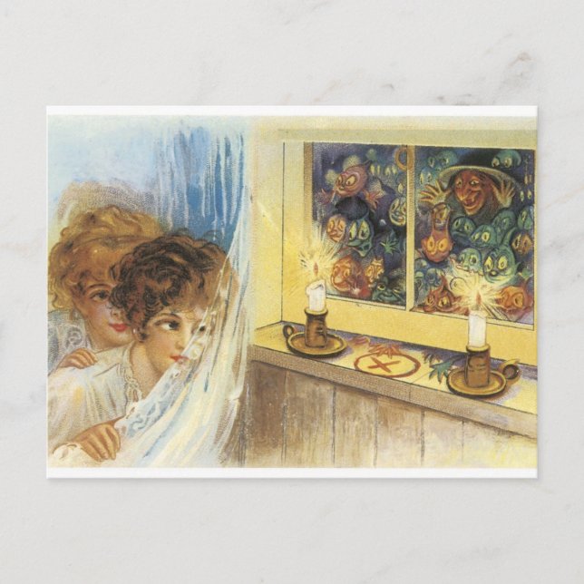 Old Fashioned Halloween Ghosts & Goblins Postcard (Front)