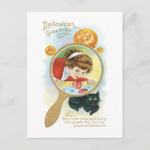 Old-fashioned Halloween, Girl & Black cat Postcard