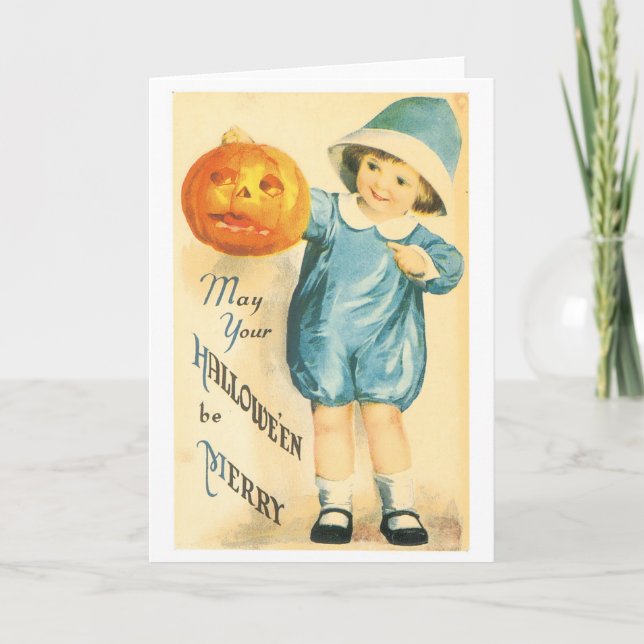 Old-fashioned Halloween, Girl holding Pumpkin Card (Front)