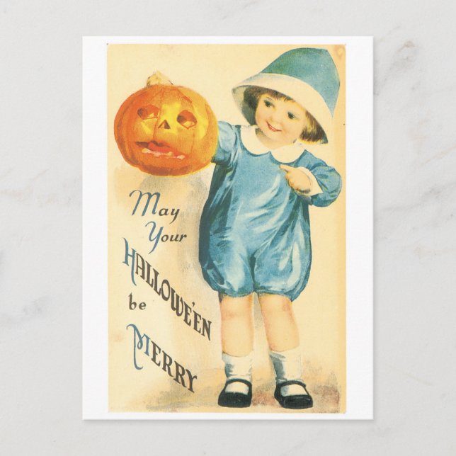 Old-fashioned Halloween, Girl holding Pumpkin Postcard (Front)