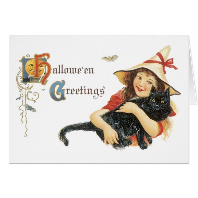 Old-fashioned Halloween, Girl with Black cat (Front Horizontal)