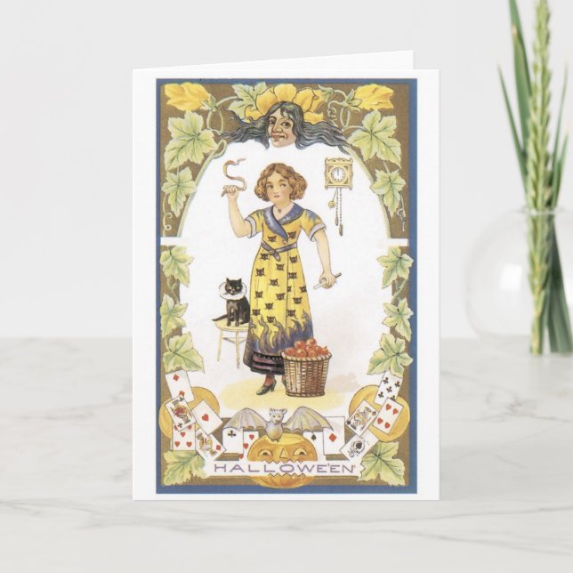 Old-fashioned Halloween, Girl with Black cat Card (Front)
