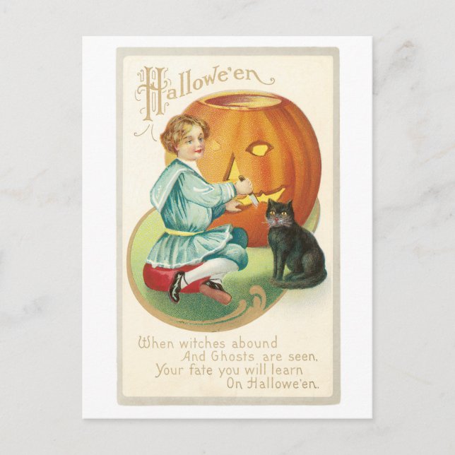 Old-fashioned Halloween, Girl with Black cat Postcard (Front)