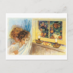 Old-fashioned Halloween, Girls meet Witch Postcard