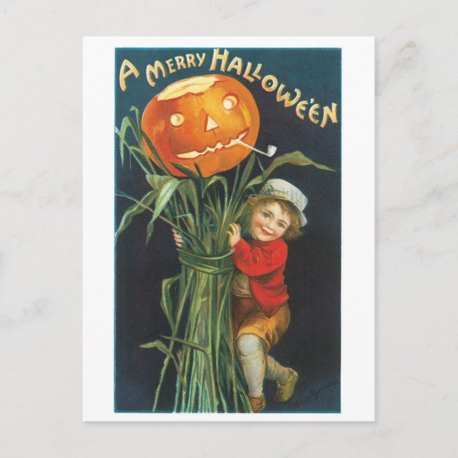 Old-fashioned Halloween, Jack-o'-lantern Scarecrow Postcard (Front)