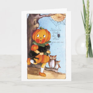 Old-fashioned Halloween, Pumpkin girl, Black cat Card