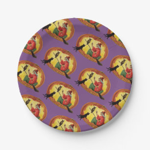 Old-fashioned Halloween, Witch, Black cat & Owl Paper Plate