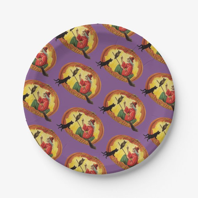 Old-fashioned Halloween, Witch, Black cat & Owl Paper Plate (Front)