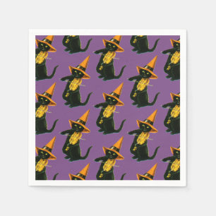 Old-fashioned Halloween, Witch cat playing Violin Napkin