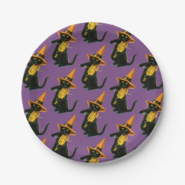 Old-fashioned Halloween, Witch cat playing Violin Paper Plate (Front)