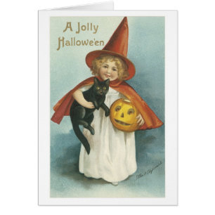 Old-fashioned Halloween, Witch girl with Black cat