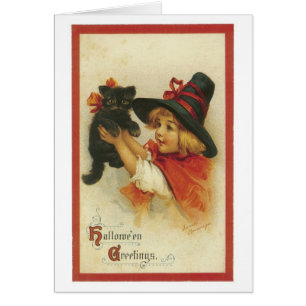 Old-fashioned Halloween, Witch girl with Black cat