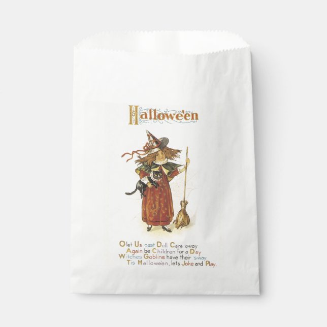 Old-fashioned Halloween, Witch girl with Black cat Favour Bags (Front)