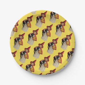 Old-fashioned Halloween, Witch girl with Black cat Paper Plate