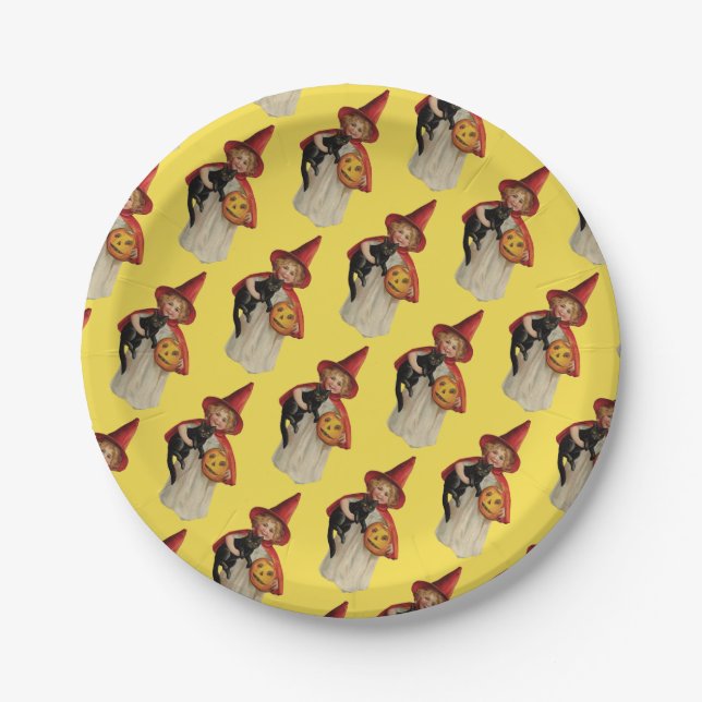 Old-fashioned Halloween, Witch girl with Black cat Paper Plate (Front)