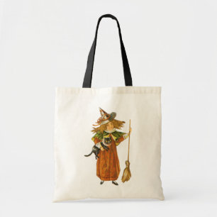Old-fashioned Halloween, Witch girl with Black cat Tote Bag