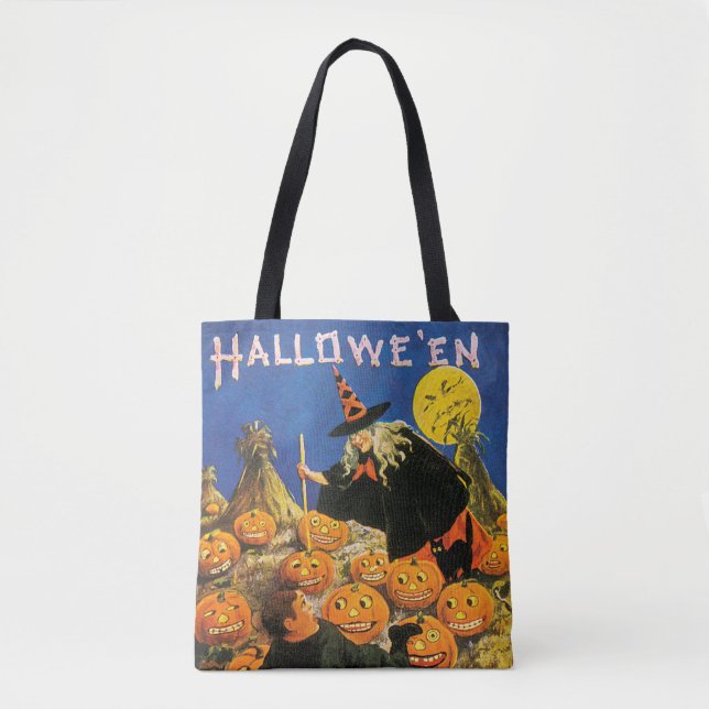 Old-fashioned Halloween, Witch & Pumpkins Tote Bag (Front)