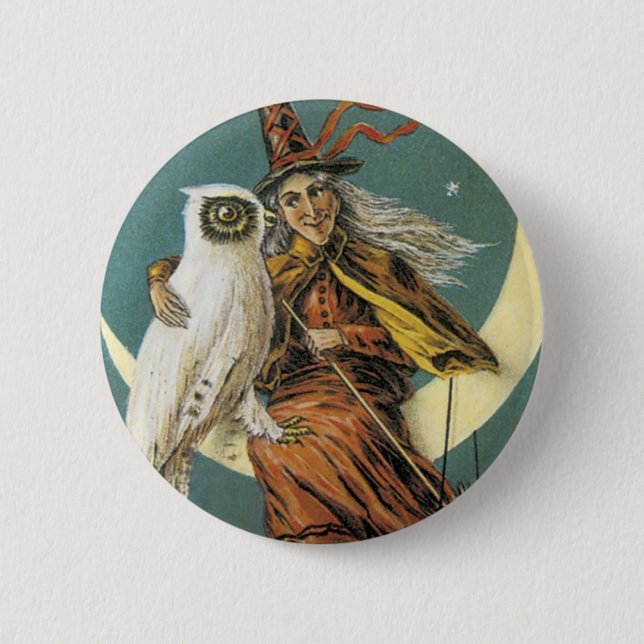 Old Fashioned Halloween Witch & The Moon 6 Cm Round Badge (Front)