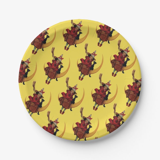 Old-fashioned Halloween, Witch with Black cat Paper Plate (Front)