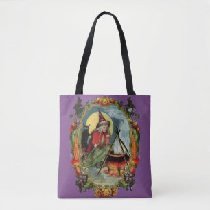 Old-fashioned Halloween, Witch with Black cat Tote Bag