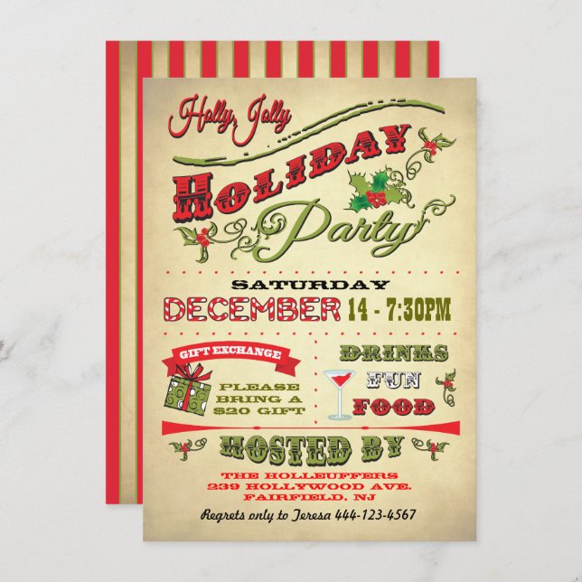 Old Fashioned Holly Jolly Holiday Party Invitation (Front/Back)