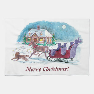 Old Fashioned Horse and Sleigh Christmas Tea Towel