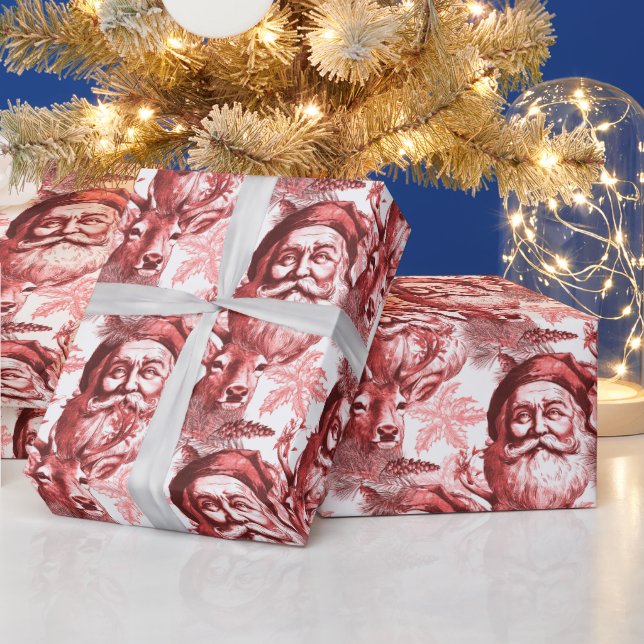 Old Fashioned Lithograph Santa And Reindeer Red Wrapping Paper (Holidays)
