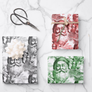 Old Fashioned Lithograph Santa And Reindeer Wrapping Paper Sheet