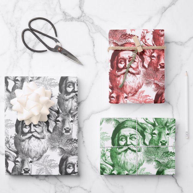 Old Fashioned Lithograph Santa And Reindeer Wrapping Paper Sheet (Front)