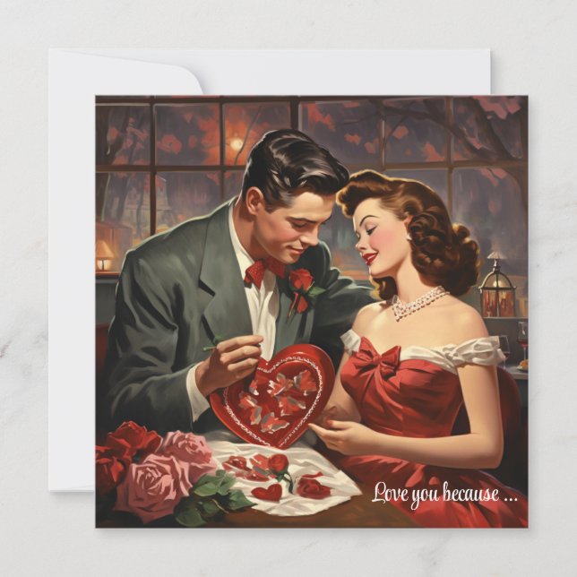 Old fashioned love couple red hearts Valentine Holiday Card (Front)