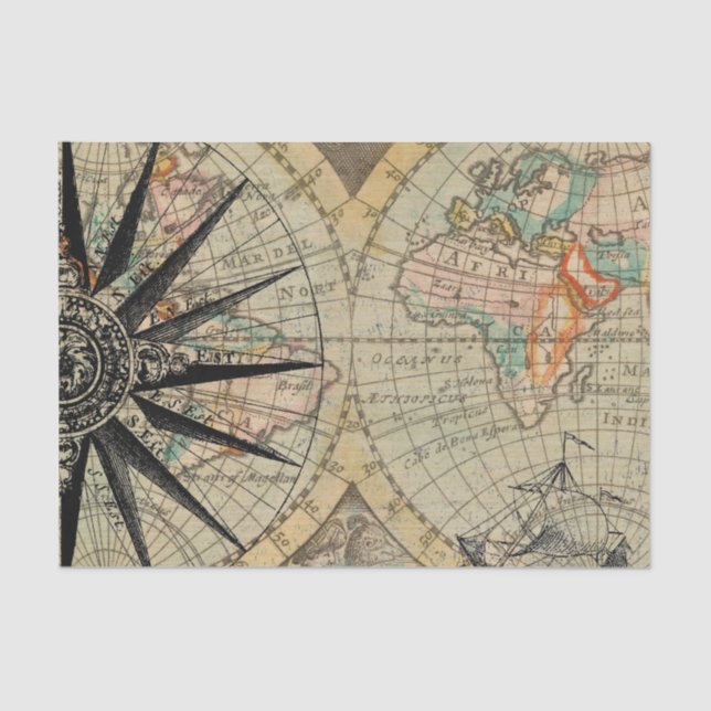 Old Fashioned Map with Compass Tissue Paper (Front)