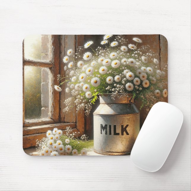 Old-fashioned Milk Can With Daisies Mouse Mat (With Mouse)
