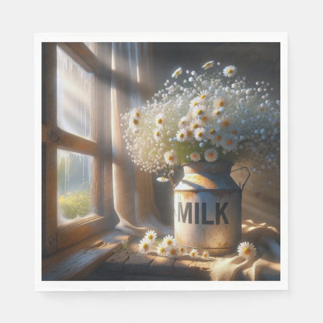 Old-fashioned Milk Can With Daisy Bouquet Napkin (Front)