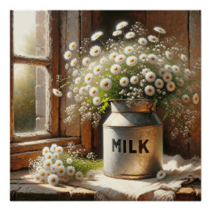 Old-fashioned Milk Can With Daisy Bouquet Poster