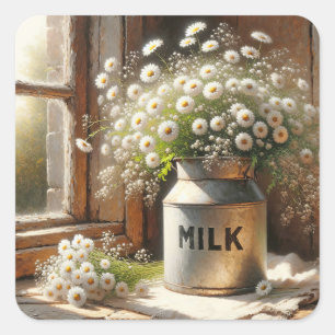 Old-fashioned Milk Can With Daisy Bouquet Square Sticker