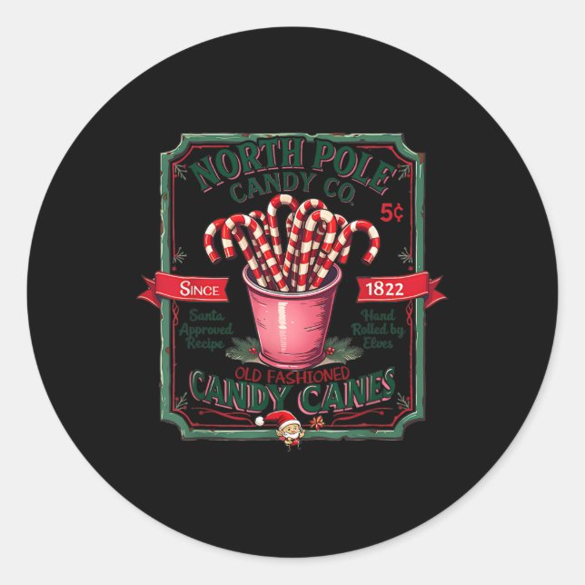 Old Fashioned North Pole Elf Christmas Candy Cane  Classic Round Sticker (Front)
