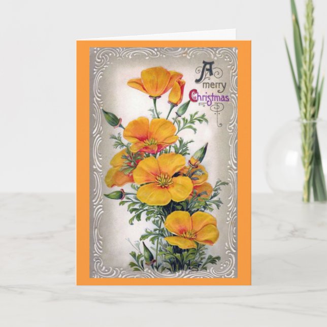 Old Fashioned Orange Floral Christmas Card (Front)