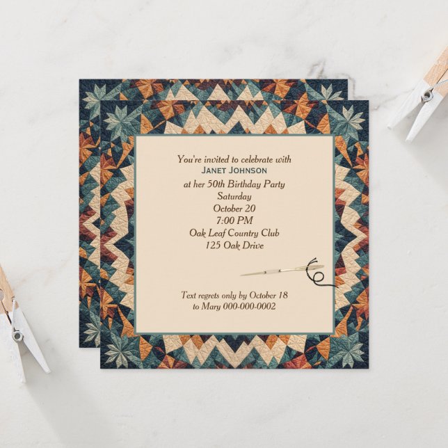 Old-fashioned Patchwork Kaleidoscope Quilt Pattern Invitation (Front/Back In Situ)