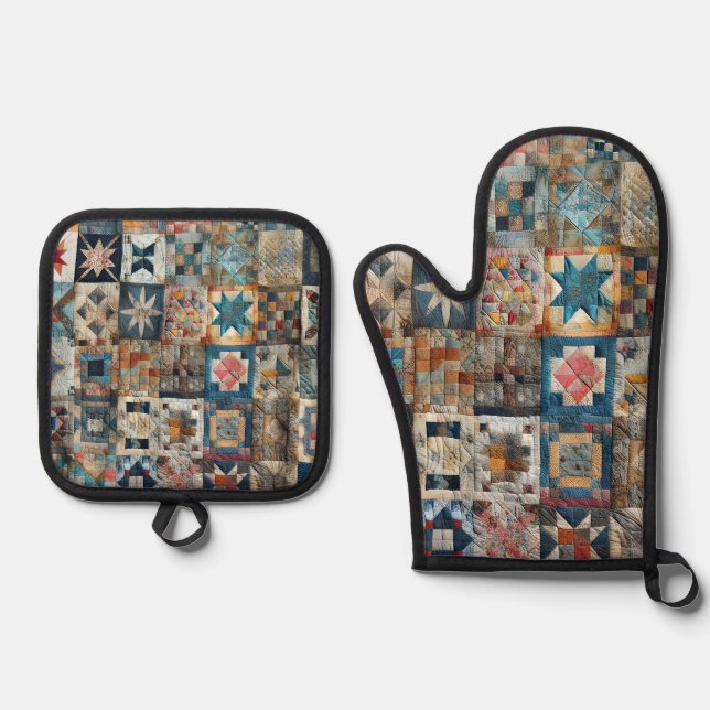 Old-fashioned Patchwork Quilt Design Oven Mitt & Pot Holder Set (Front)