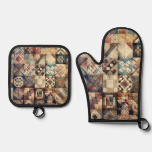 Old-fashioned Patchwork Quilt Design Oven Mitt & Pot Holder Set