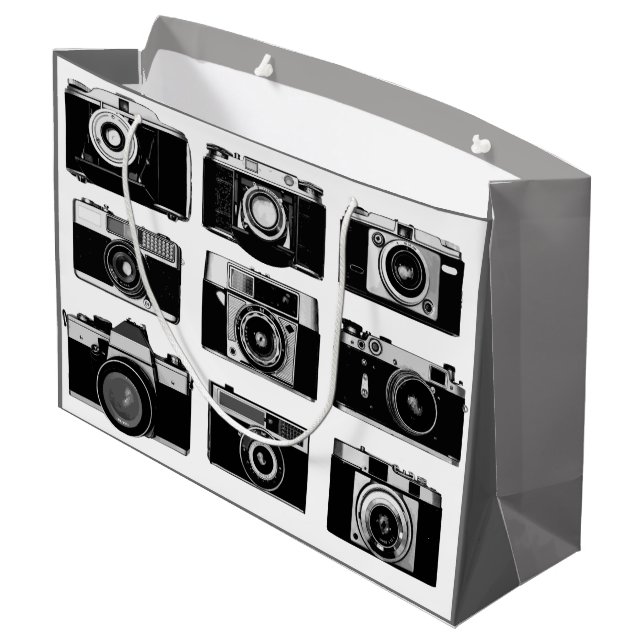 OLD FASHIONED PHOTOGRAPHY CAMERAS IN BLACK & WHITE LARGE GIFT BAG (Back Angled)